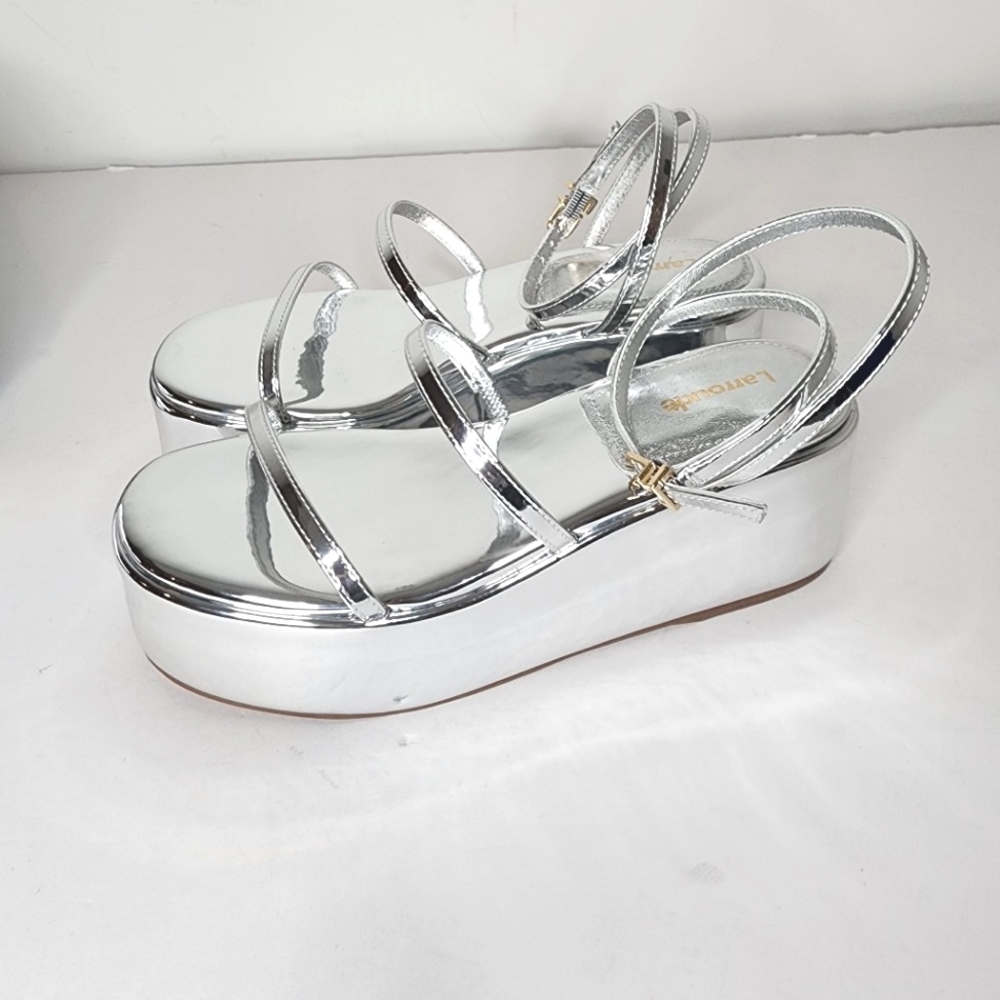 Larroude Silver Metallic Platform Sandals with Ankle Strap - Picture 4 of 8
